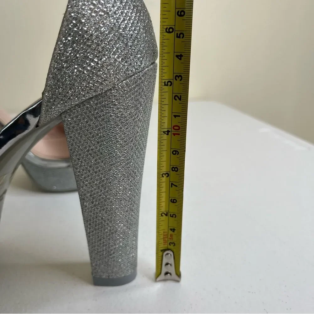 ShoeLand Cutesy Silver Sparkly Metallic Platform Ankle Strap High Heel Womens 11